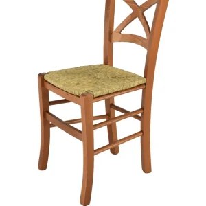 Sedia modello Cross con robusta struttura in legno di faggio e seduta in paglia