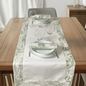 Runner tavolo - Runner cotone lino - Runner bianco con cornice toile de jouy verde