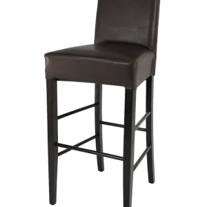 Sgabello alto modello Luisa con struttura in legno di faggio verniciata, seduta e schienale imbottiti e rivestiti in pelle artificiale