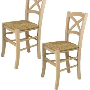 Set sedie modello Cross con robusta struttura in legno di faggio levigato, non trattato, 100% naturale e seduta in paglia