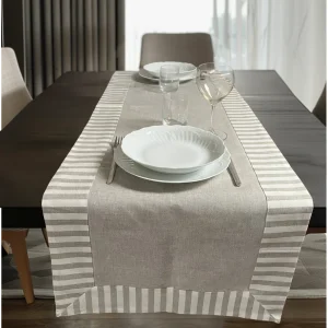 Runner tavolo - Runner cotone lino - Runner color corda con cornice rigata